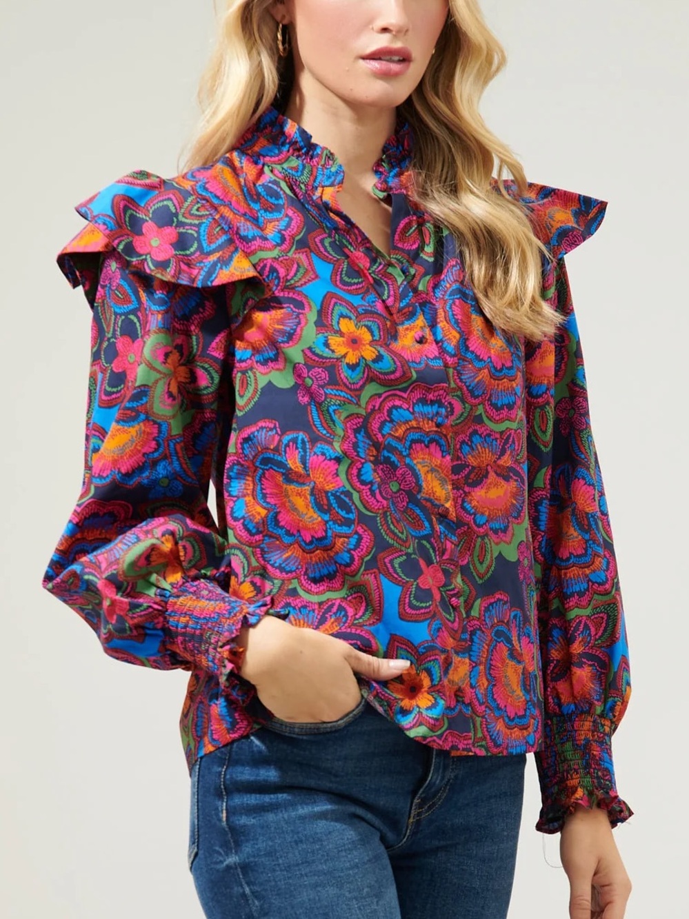 Sugarlips Vibrant Multi-Color Floral Ruffle Shoulder Blouse